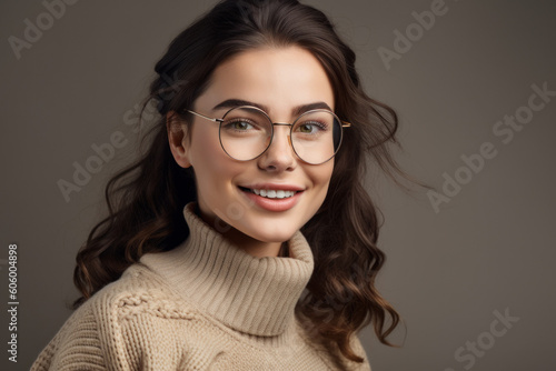 Beautiful young woman in glasses looks at the camera and smiles. Photorealistic illustration generative AI.