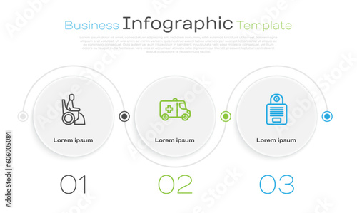 Set line Woman in wheelchair, Emergency car and Intercom. Business infographic template. Vector