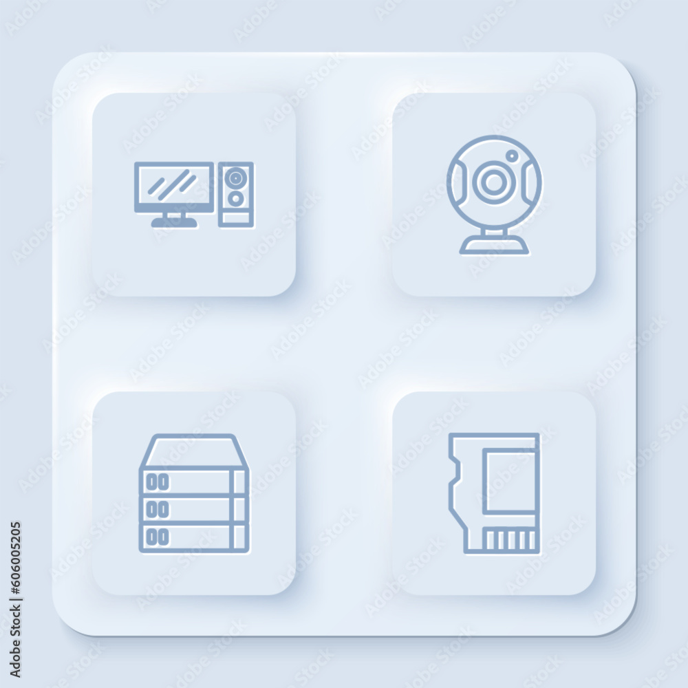 Set line Computer monitor, Web camera, Server, Data, Hosting and SD card. White square button. Vector Set line Computer monitor, Web camera, Server, Data, Hosting and SD card. White square button. Vector