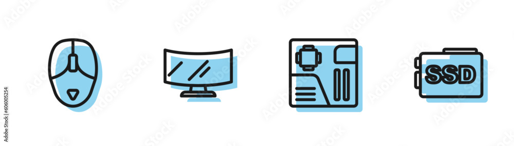 Set line Motherboard digital chip, Computer mouse, monitor screen and SSD card icon. Vector Set line Motherboard digital chip, Computer mouse, monitor screen and SSD card icon. Vector
