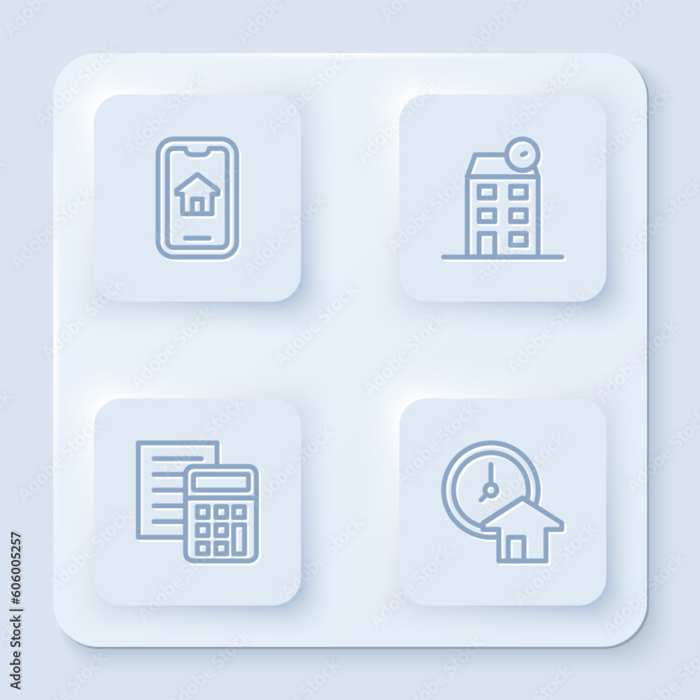 Set line Online real estate, House, Calculator and Time is money. White square button. Vector Set line Online real estate, House, Calculator and Time is money. White square button. Vector