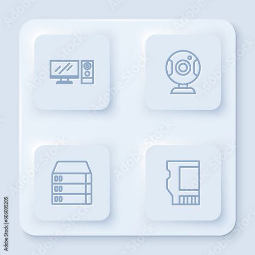 Set line Computer monitor, Web camera, Server, Data, Hosting and SD card. White square button. Vector