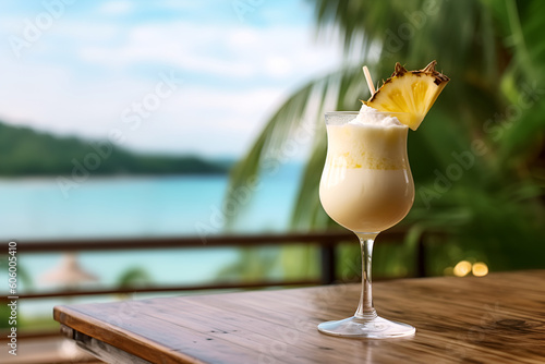 Pina colada cocktail in a cafe by the sea. Generative AI.