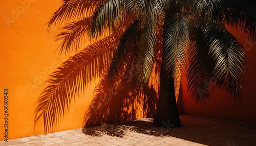 Orange wall with a large palm tree in the shadow, generative ai
