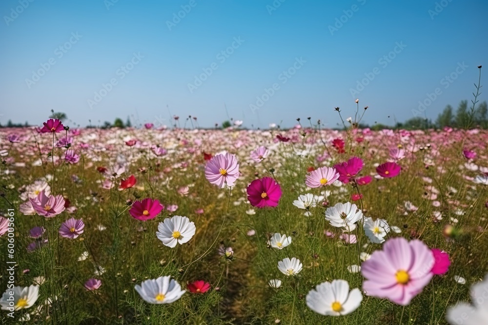 Colorful flower meadow in spring or summer. Generative AI.