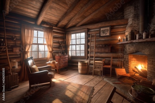 Rustic cabin-inspired room with window, cozy fireplace and log cabin walls. Generative AI.
