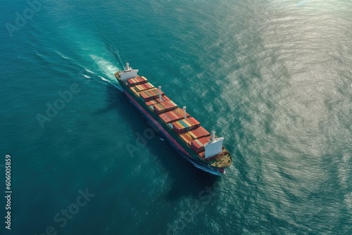 Logistic goods transport import and export. Aerial Shot with the container cargo ship at sea or ocean. Generative AI.