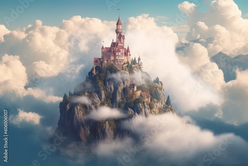 Great castle. Beautiful Fairytale castle on mountain surrounded by cloud. Generative AI.