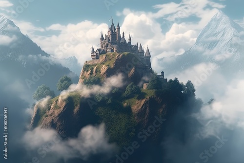 Great castle. Beautiful Fairytale castle on mountain surrounded by cloud. Generative AI. © Yaroslav