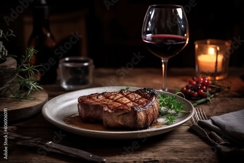 Beautiful steak with glass of wine beautiful evening. AI Generative.