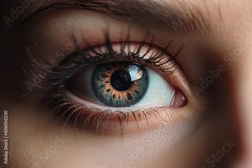 Close up detail beautiful female eye macro. Fashion makeup. Generative AI.