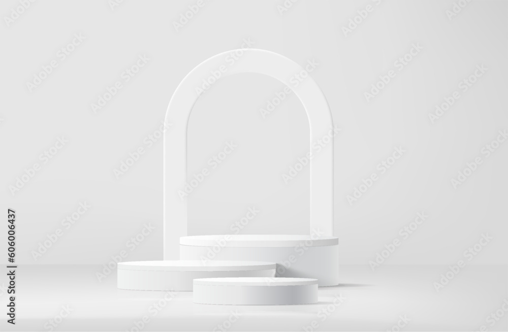Abstract white realistic 3d cylinder pedestal podium with arch shape backdrop. Abstract vector rendering geometric platform with shadow overlay. Product display presentation. Minimal scene. Abstract white realistic 3d cylinder pedestal podium with arch shape backdrop. Abstract vector rendering geometric platform with shadow overlay. Product display presentation. Minimal scene.