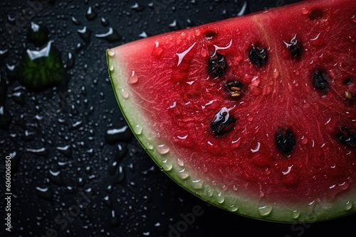 Fresh watermelon with water drops on black background. Generative AI.