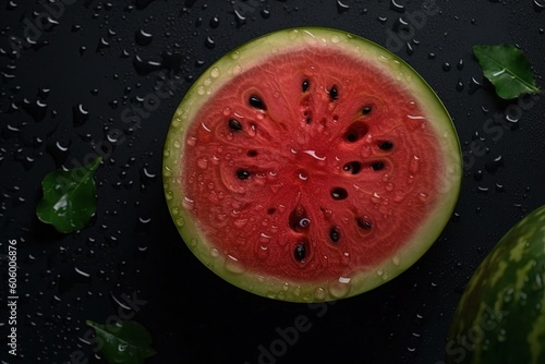 Fresh watermelon with water drops on black background. Generative AI.