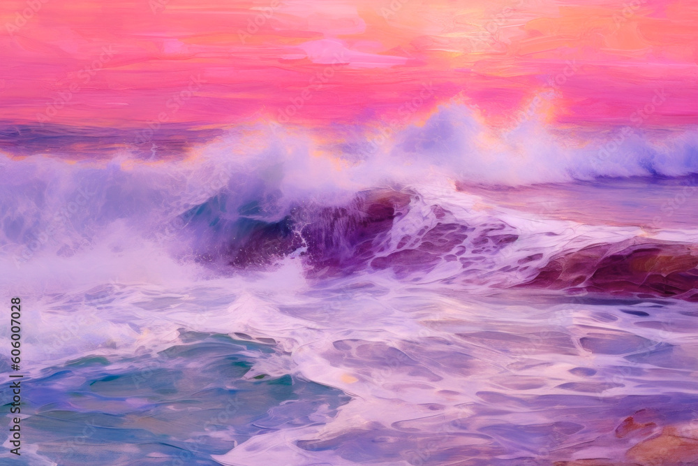  Sunrise Sea. Wavy beach. Pink tones. Illustration.