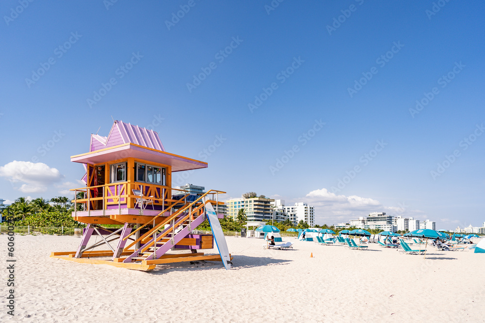 Obraz premium Miami Beach, USA - December 5, 2022. View of classic art deco lifeguard tower in South Miami Beach
