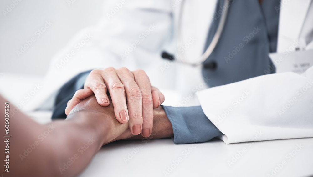 Empathy, support and holding hands of doctor and patient for medical, consulting and advice. Medicine, healthcare and help with closeup of people in hospital for depression, compassion and hope Empathy, support and holding hands of doctor and patient for medical, consulting and advice. Medicine, healthcare and help with closeup of people in hospital for depression, compassion and hope