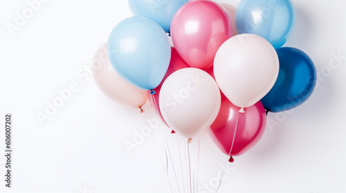 A generative AI image of pink, blue and white helium party balloons lying on a white background, the trans symbol