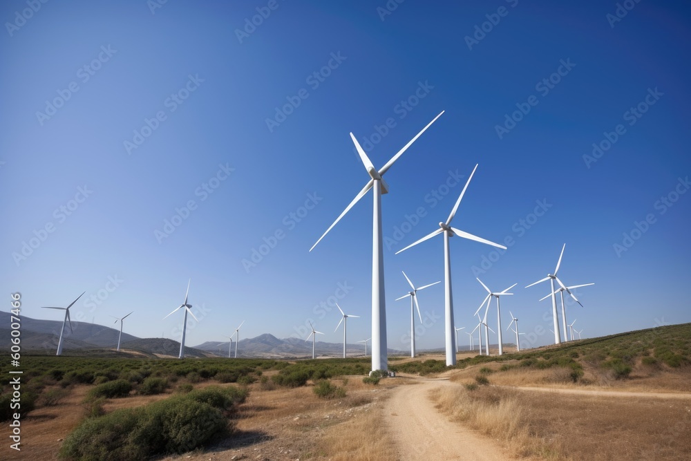 An ecological wind turbine farm. Wind generators. Energy supply, eolic turbine, powerplant, energy transmission, high voltage supply. Sustainable renewable energy generation. AI Generative.