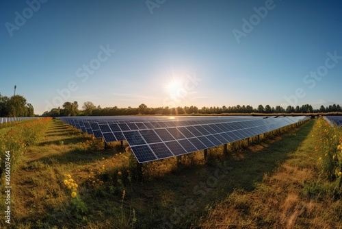 Alternative energy sources. A solar farm. Rows of solar panels. Renewable clean energy. Green technology. AI Generative.