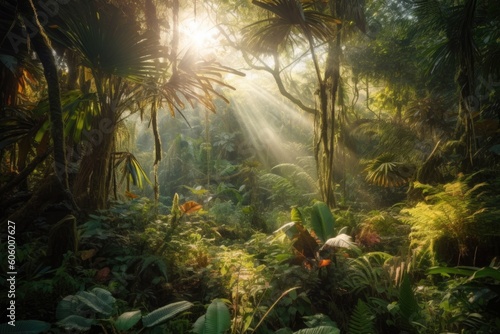 Save planet, rainforest, nature, environment. A lush rainforest, with a variety of exotic plants and animals, during the golden hour with soft sunlight. Generative AI.