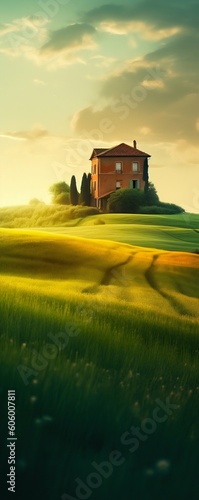 House Standing on a Green Field  Italian Landscapes. Generative ai