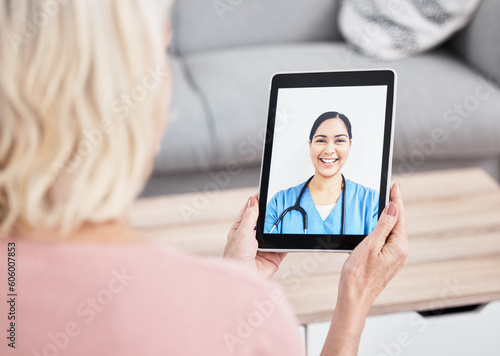 Healthcare, doctor or woman on a video call, consultation or connection for communication. Female person, patient or medical professional with a tablet, conversation or advice with telehealth or cure