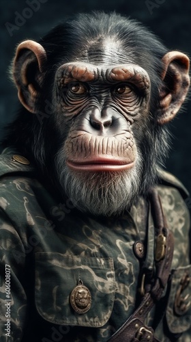Combat Chimp Monkey in Military Clothes. Generative ai © Scrudje