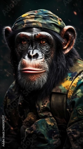 Combat Chimp Monkey in Military Clothes. Generative ai © Scrudje