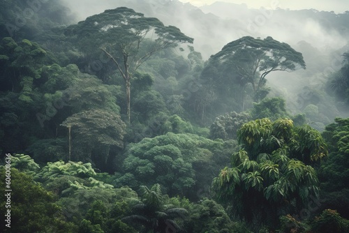 Rainforest landscape with trees and fog. Generative AI. © Yaroslav