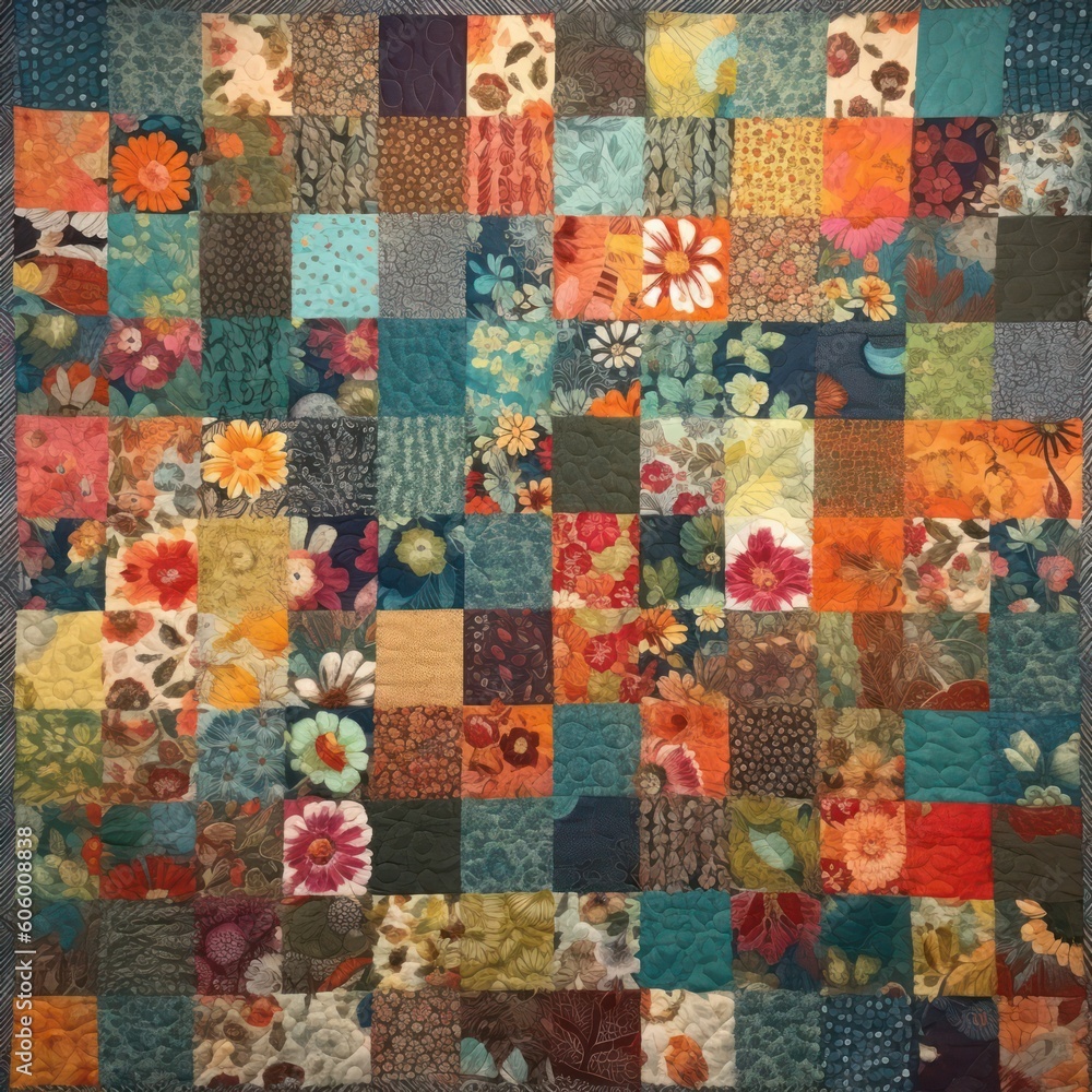 Patchwork quilt. Part of a patchwork quilt as a background. Floral print. Colored quilt in patchwork style. Colored blanket. Self made. Generative AI Patchwork quilt. Part of a patchwork quilt as a background. Floral print. Colored quilt in patchwork style. Colored blanket. Self made. Generative AI