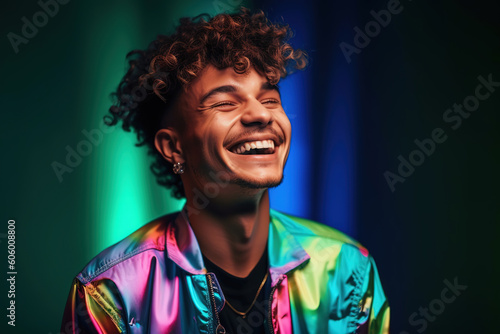 Happy young man. Colorful gen z male portrait. Generative AI photo