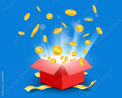 Golden coins fly out of a red gift box with a ribbon. Vector illustration