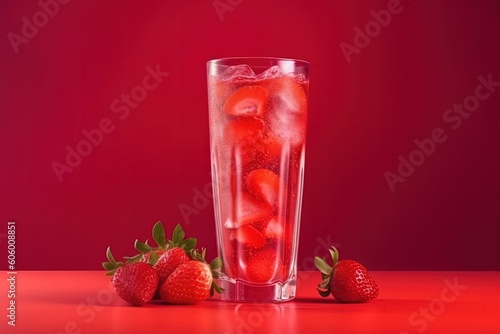 Strawberry lemonade with ice in a glass. Generative AI.