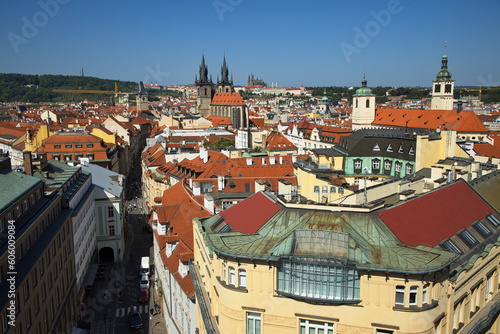 View of Old Town and Prague Castle from Powder Gate Tower in Prague, Czech republic, Europe 