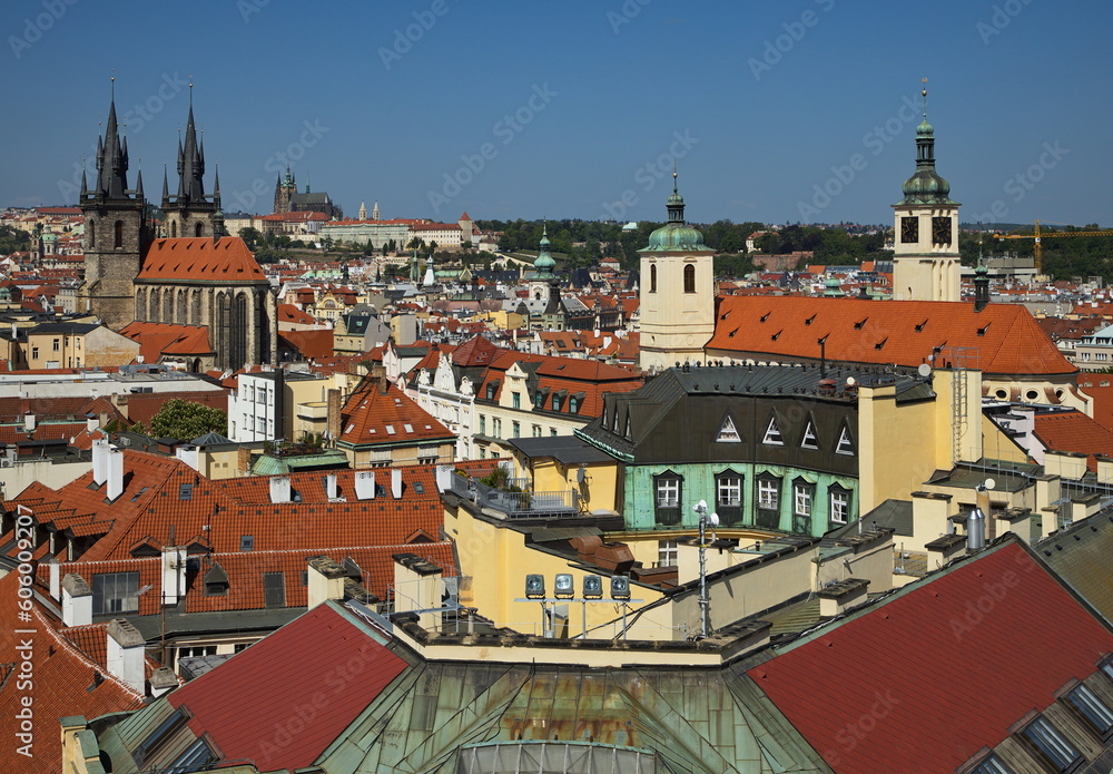 Obraz premium View of Old Town and Prague Castle from Powder Gate Tower in Prague, Czech republic, Europe