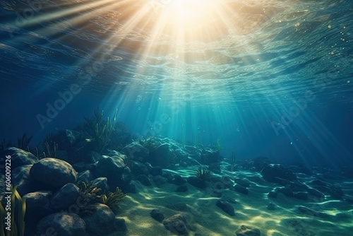 Underwater sea in blue sunlight. Generative AI.