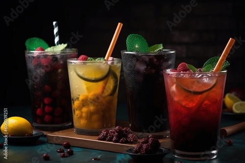 Watercolor illustration of drinks and cocktails with fruits. Generative AI.