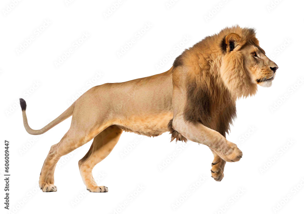 Obraz na plátně Lion png, transparent background, isolated lion, leaping, angry, full body, gene