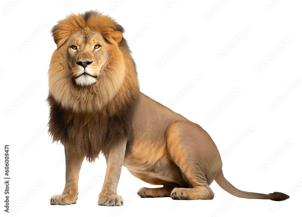 Lion png, transparent background, isolated lion, sitting, side view, fully body, generative ai