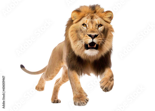 Lion png, leaping, jump attack, angry, front view, transparent background, isolated lion, generative ai © OpticalDesign