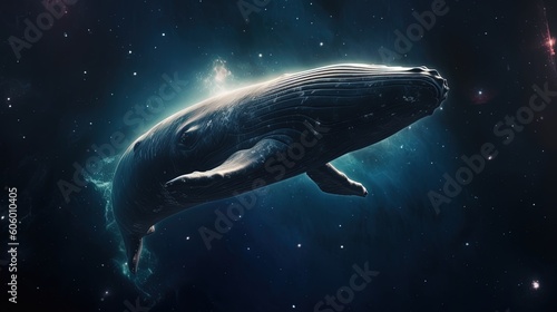 Magical blue whale floating in space. Generative AI.