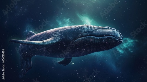 Magical blue whale floating in space. Generative AI.
