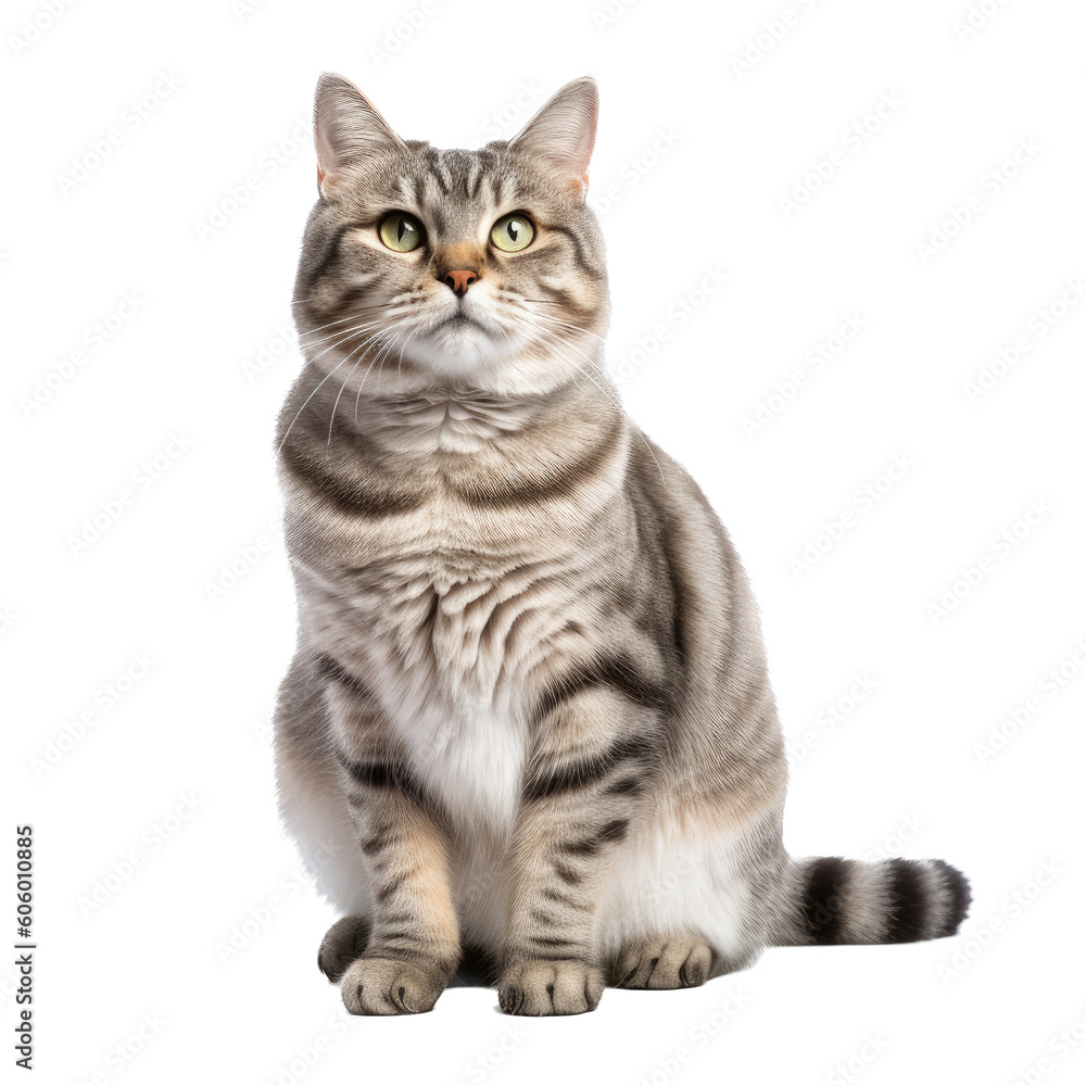 a Calico cat sitting, full body as an isolated and transparent PNG in a Pet-themed, photorealistic illustration. Generative ai