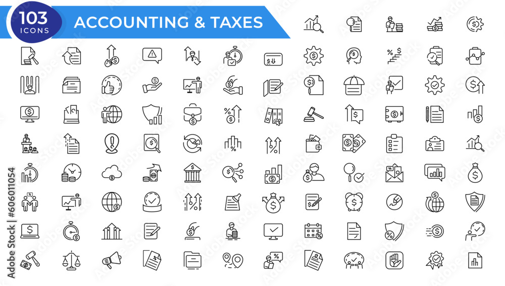 Taxes and accounting line icons collection. Big UI icon set in a flat design. Thin outline icons pack. Vector illustration. Taxes and accounting line icons collection. Big UI icon set in a flat design. Thin outline icons pack. Vector illustration.