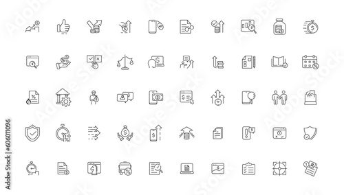 Taxes and accounting line icons collection. Big UI icon set in a flat design. Thin outline icons pack. Vector illustration.