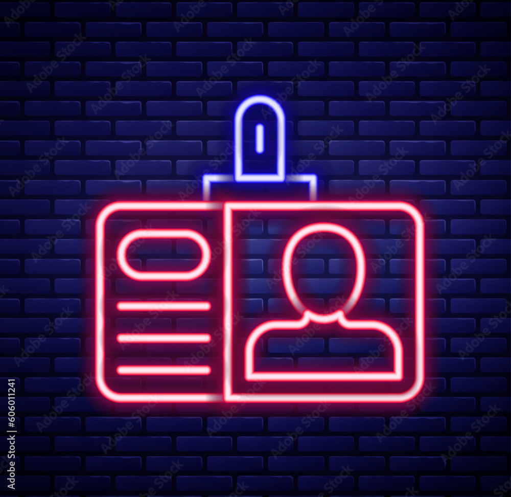 Glowing neon line Identification badge icon isolated on brick wall background. It can be used for presentation, identity of the company, advertising. Colorful outline concept. Vector Glowing neon line Identification badge icon isolated on brick wall background. It can be used for presentation, identity of the company, advertising. Colorful outline concept. Vector