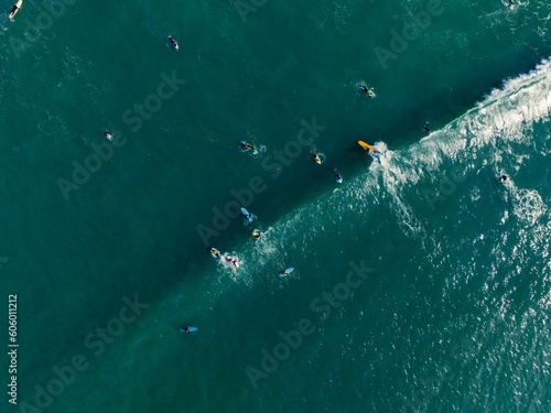 surfers are swimming in the blue ocean near rocks and cliffs Fototapeta
