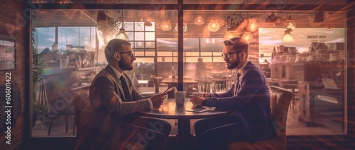 Business people discussing work in a coffe shop. AI generated