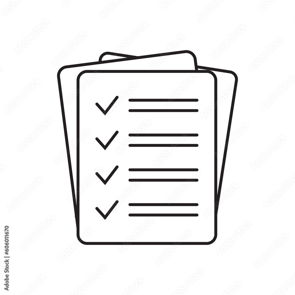 Checklist vector icon in line art style. Document icon, questionnaire icon. Text document vector icon, design element. Checklist vector icon in line art style. Document icon, questionnaire icon. Text document vector icon, design element.